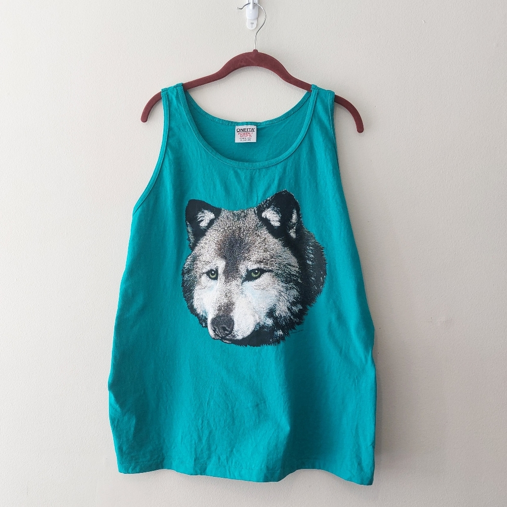 Oneita Vintage Single Stitch Puffed 3D Wolf Husky Head Center Graphic Tank XL